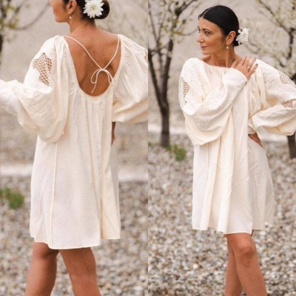 H&M Low Back Voluminous Embroidery Dress Balloon Sleeves Blogger Fave Cream L - Picture 16 of 16